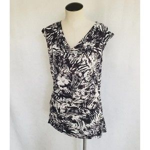 Vince Camuto Wonens Blouse Size M Black White Animal Print Cowl Neck Ruched Side